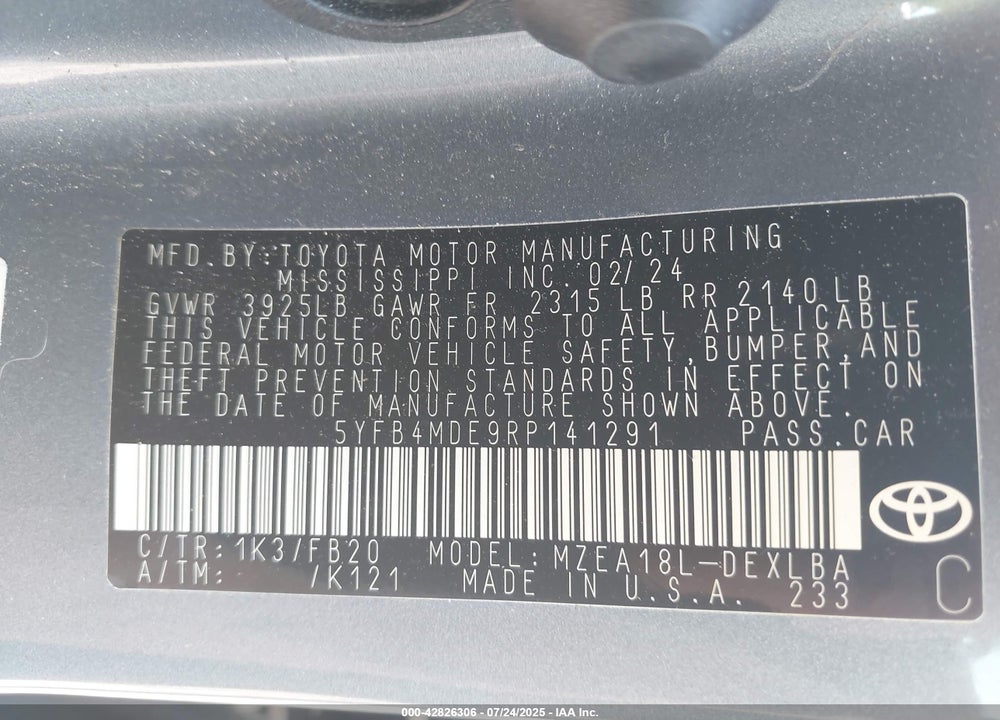 2024 TOYOTA COROLLA VIN: 5YFB4MDE9RP141291