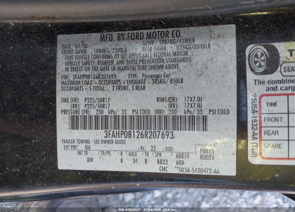 2006 FORD FUSION VIN: 3FAHP08126R207693