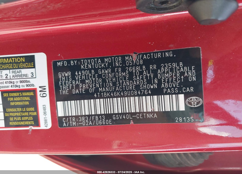 2009 TOYOTA CAMRY VIN: 4T1BK46K49U084764