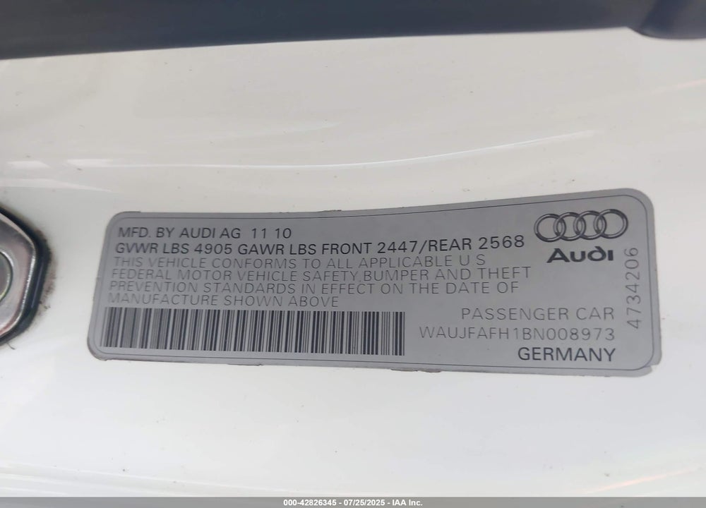 2011 AUDI A5 VIN: WAUJFAFH1BN008973