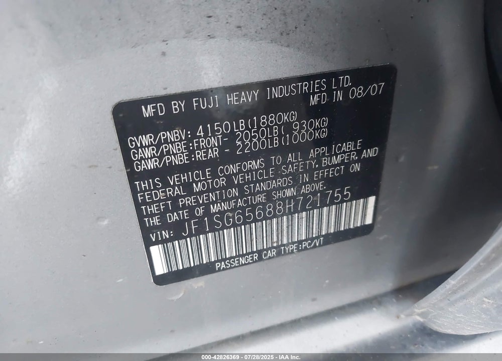 2008 SUBARU FORESTER 2.5X VIN: JF1SG65688H721755