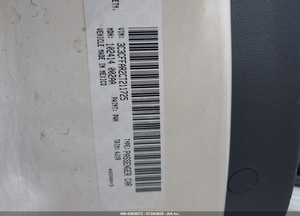 2012 FIAT 500 VIN: 3C3CFFAR2CT211725