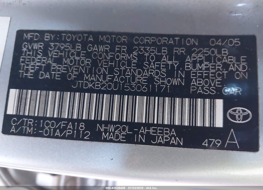 2005 TOYOTA PRIUS VIN: JTDKB20U153061171