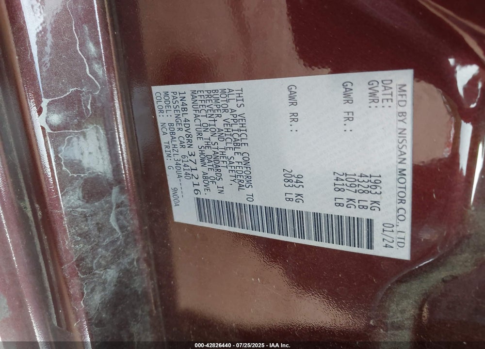 2024 NISSAN ALTIMA VIN: 1N4BL4DV8RN371216