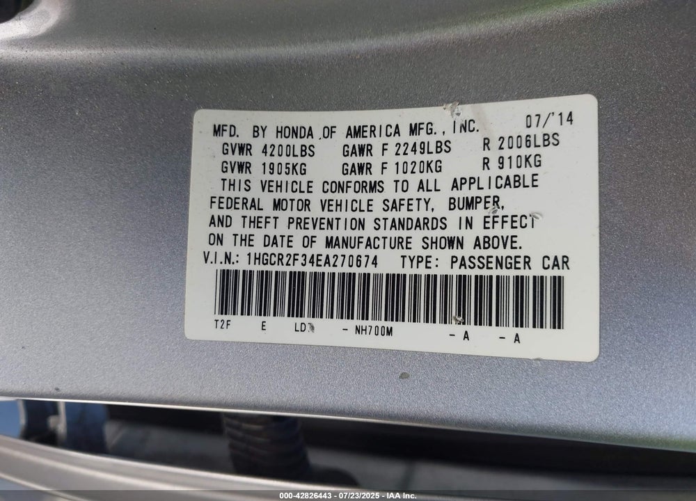 2014 HONDA ACCORD VIN: 1HGCR2F34EA270674