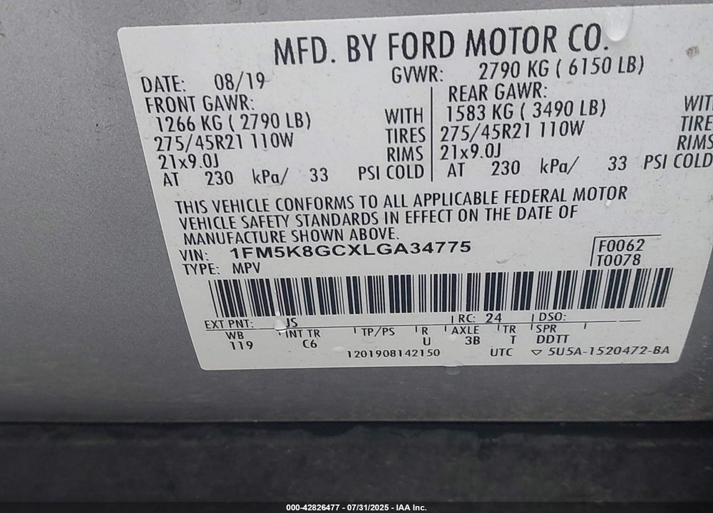 2020 FORD EXPLORER VIN: 1FM5K8GCXLGA34775