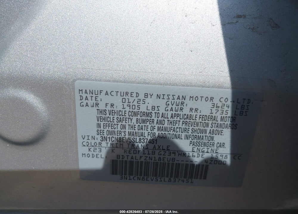2025 NISSAN VERSA VIN: 3N1CN8EV5SL837451