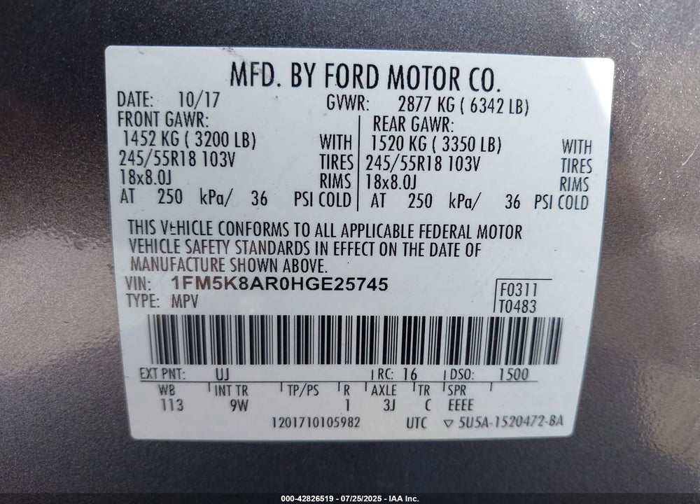 2017 FORD POLICE INTERCEPTOR SEDAN VIN: 1FM5K8AR0HGE25745