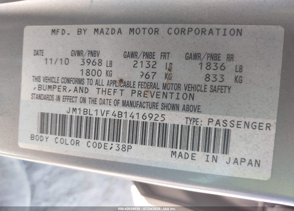2011 MAZDA 3 VIN: JM1BL1VF4B1416925