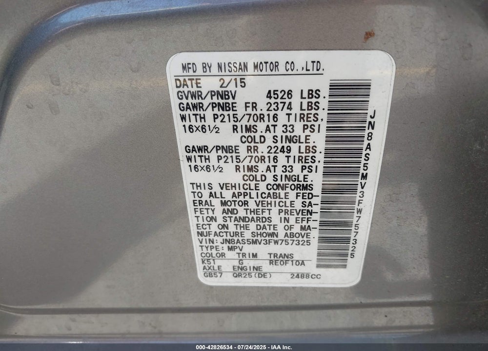 2015 NISSAN ROGUE VIN: JN8AS5MV3FW757325