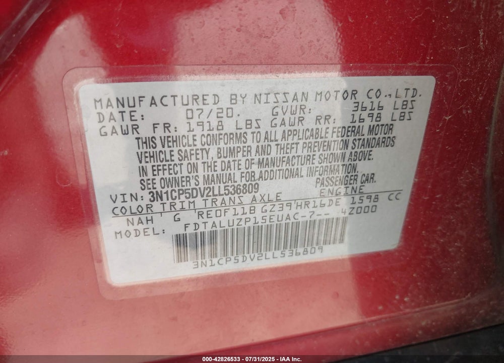 2020 NISSAN KICKS VIN: 3N1CP5DV2LL536809
