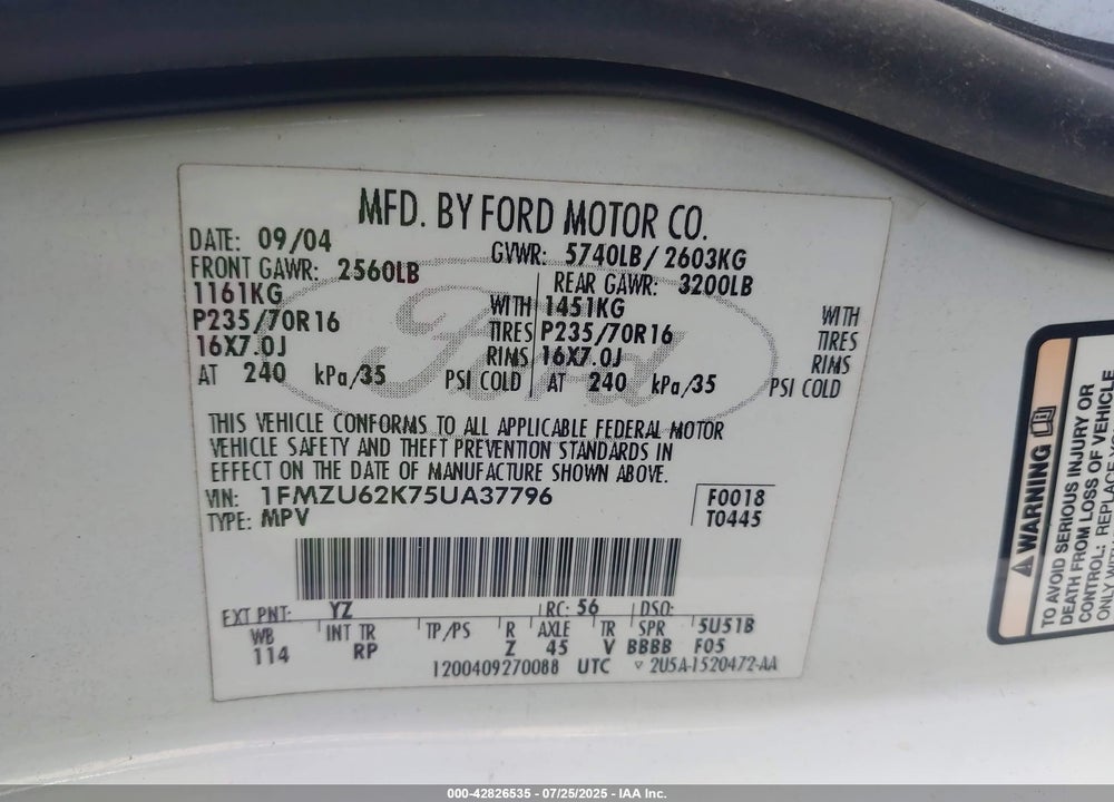 2005 FORD EXPLORER VIN: 1FMZU62K75UA37796