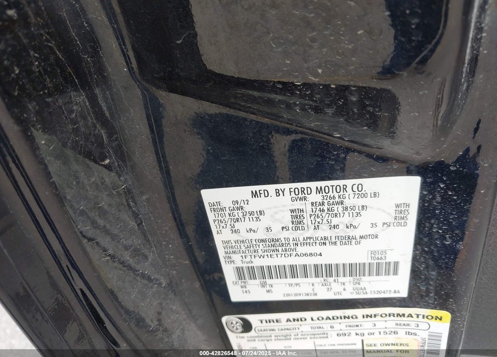2013 FORD F-150 VIN: 1FTFW1ET7DFA06804