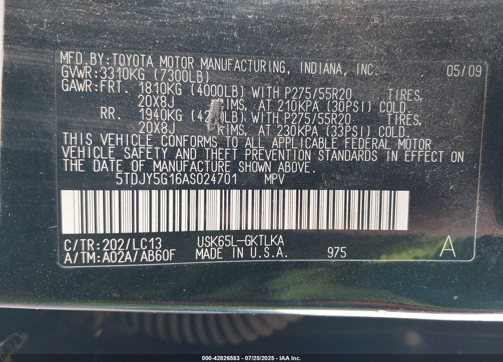 2010 TOYOTA SEQUOIA VIN: 5TDJY5G16AS024701