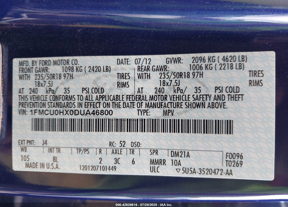 2013 FORD ESCAPE VIN: 1FMCU0HX0DUA46800