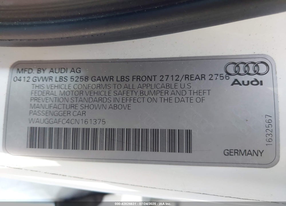 2012 AUDI A6 VIN: WAUGGAFC4CN161375