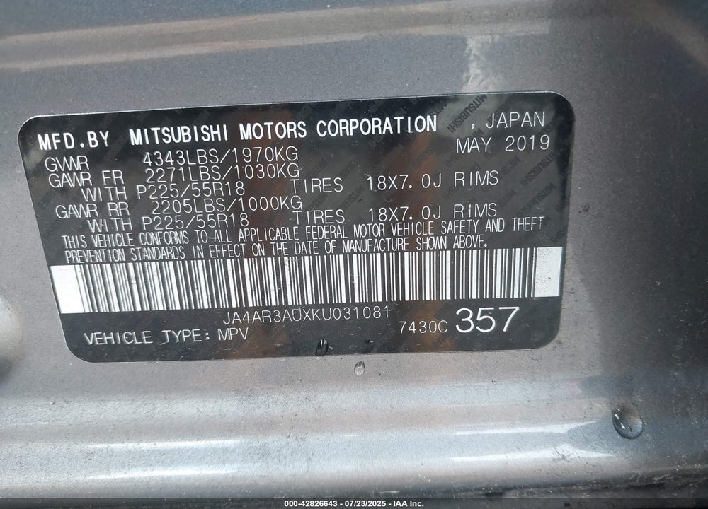 2019 MITSUBISHI OUTLANDER SPORT VIN: JA4AR3AUXKU031081