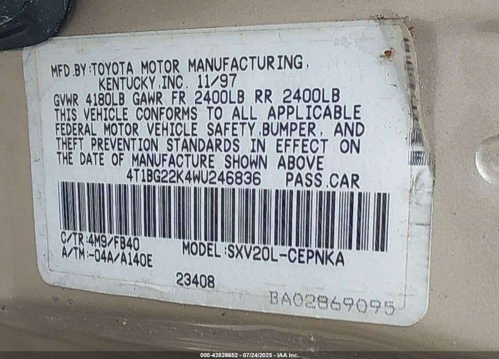 1998 TOYOTA CAMRY VIN: 4T1BG22K4WU246836