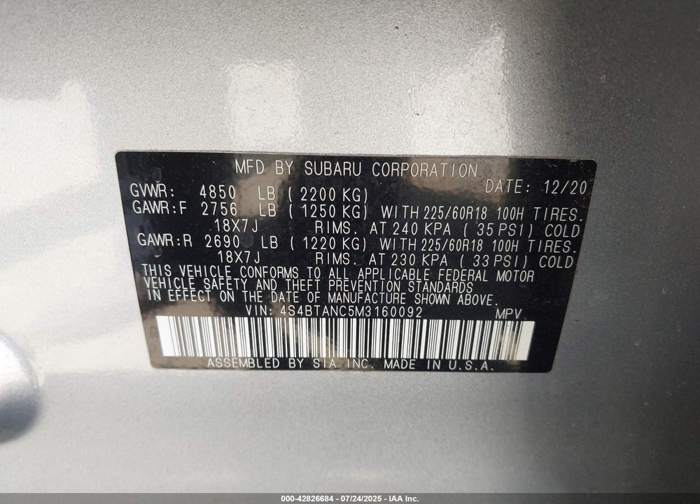 2021 SUBARU OUTBACK VIN: 4S4BTANC5M3160092