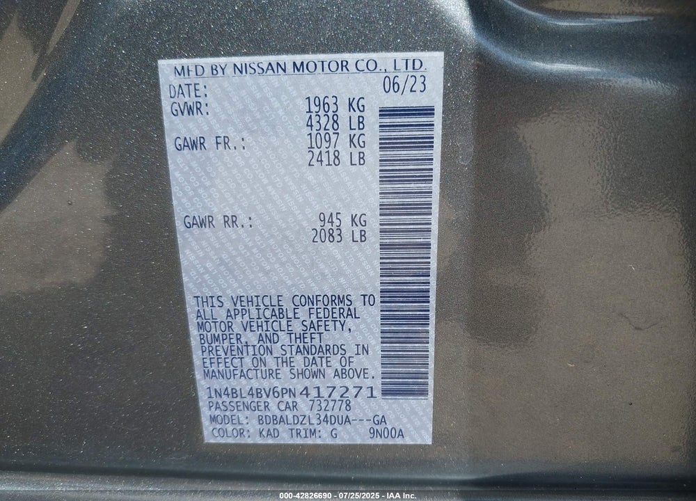 2023 NISSAN ALTIMA VIN: 1N4BL4BV6PN417271