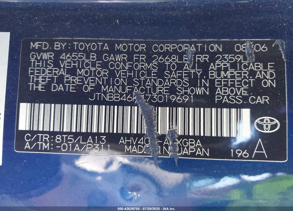 2007 TOYOTA CAMRY HYBRID VIN: JTNBB46K473019691