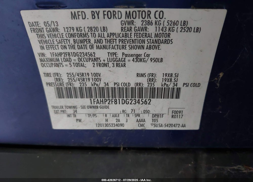 2013 FORD TAURUS VIN: 1FAHP2F81DG234562