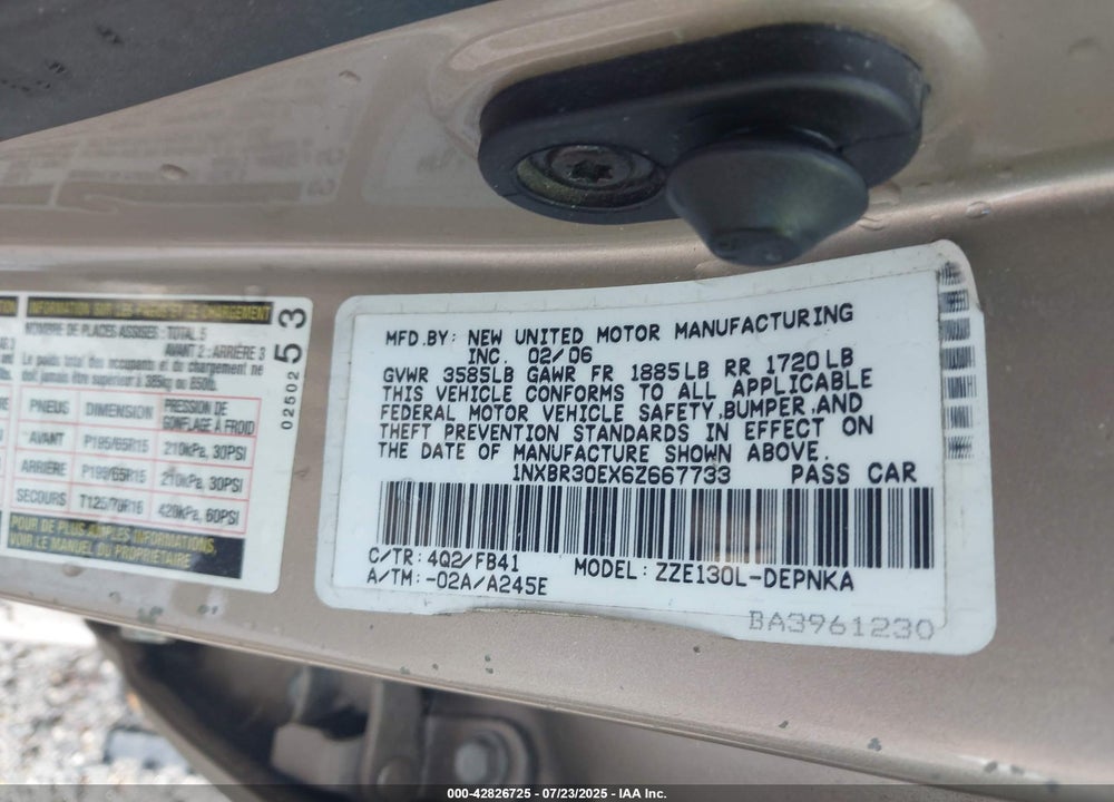 2006 TOYOTA COROLLA VIN: 1NXBR30EX6Z667733
