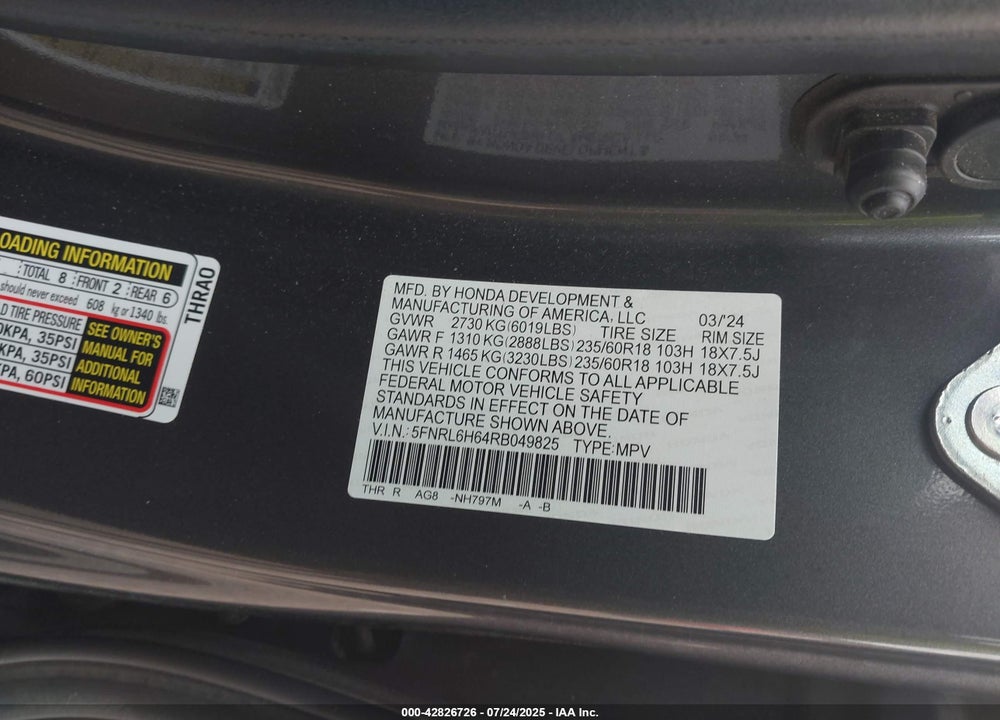 2024 HONDA ODYSSEY EX-L VIN: 5FNRL6H64RB049825