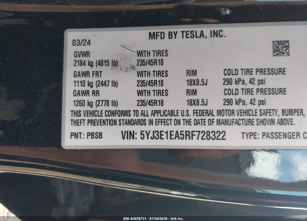 2024 TESLA MODEL 3 VIN: 5YJ3E1EA5RF728322