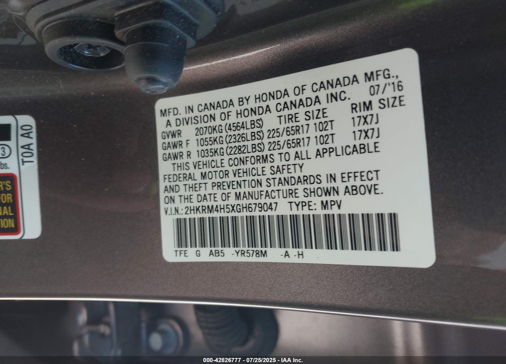 2016 HONDA CR-V EX VIN: 2HKRM4H5XGH679047