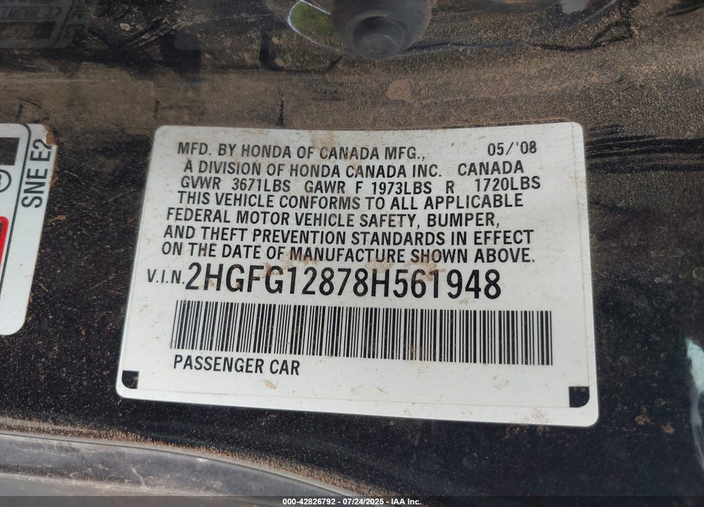2008 HONDA CIVIC VIN: 2HGFG12878H561948