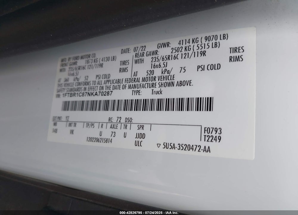 2022 FORD TRANSIT-250 VIN: 1FTBR1C87NKA70287