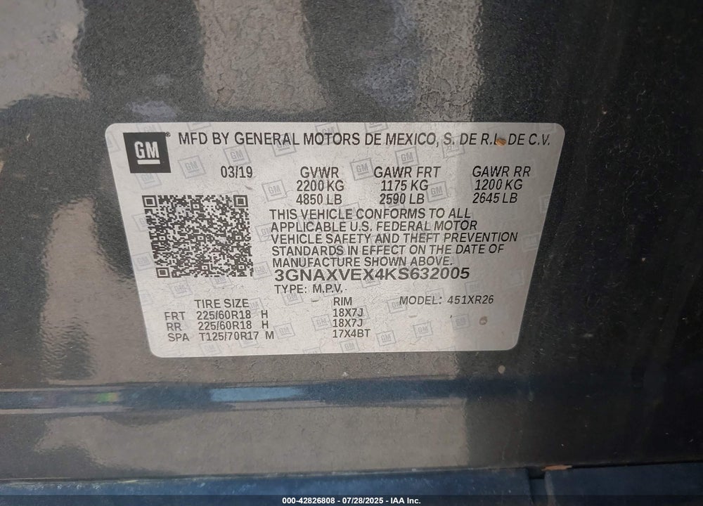 2019 CHEVROLET EQUINOX VIN: 3GNAXVEX4KS632005