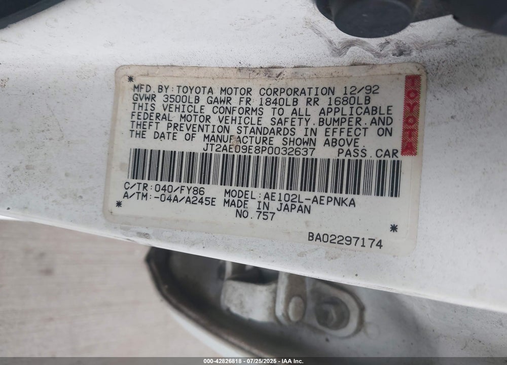 1993 TOYOTA COROLLA VIN: JT2AE09E8P0032637