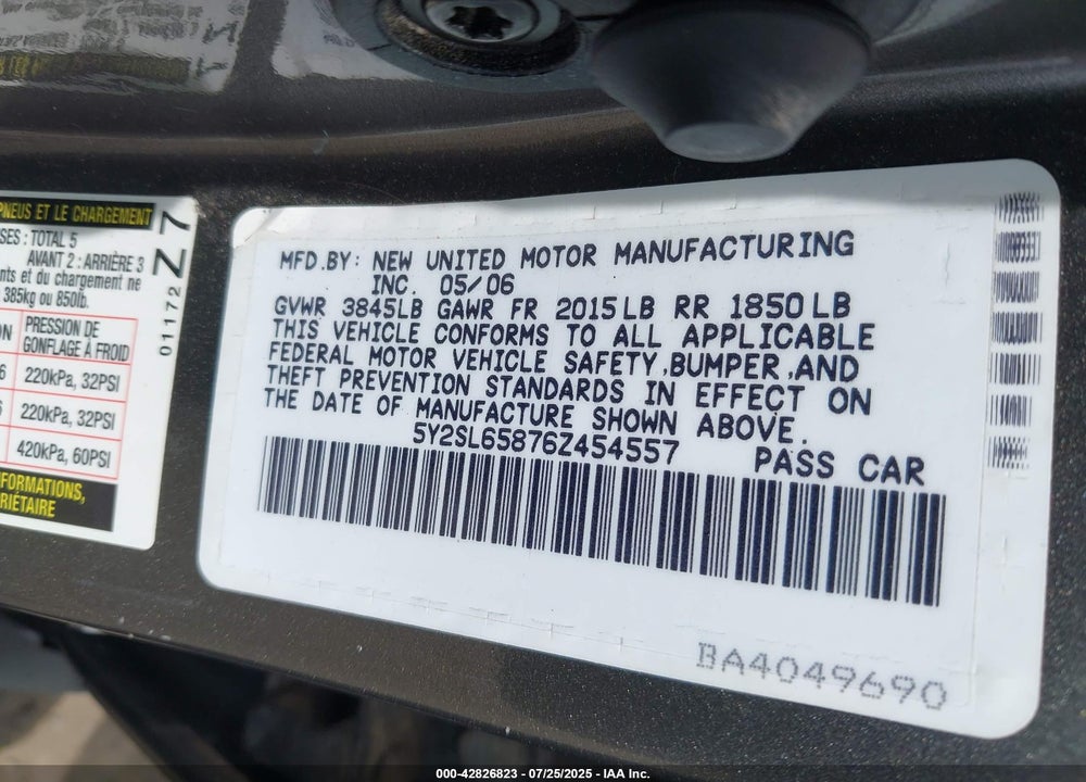 2006 PONTIAC VIBE VIN: 5Y2SL65876Z454557