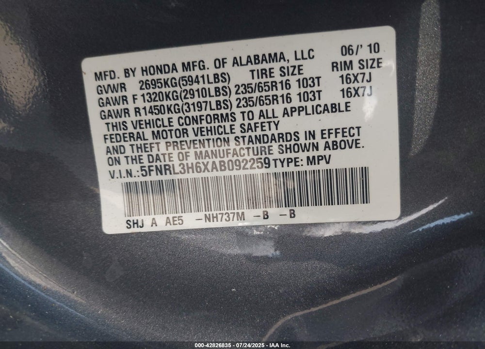 2010 HONDA ODYSSEY VIN: 5FNRL3H6XAB092259