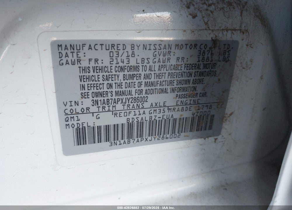 2018 NISSAN SENTRA VIN: 3N1AB7APXJY286002
