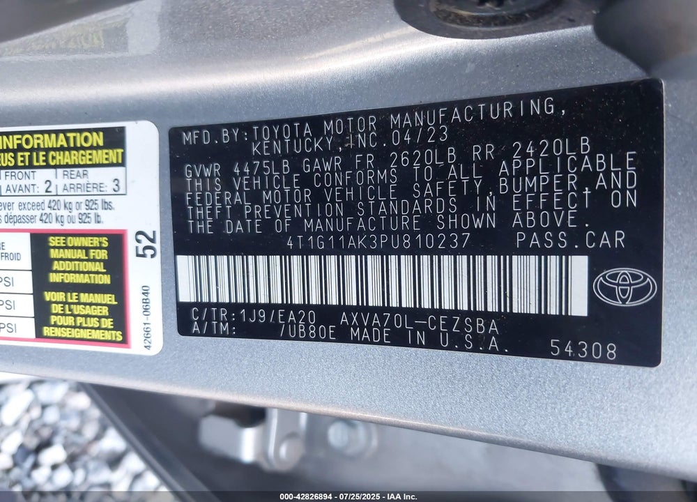 2023 TOYOTA CAMRY VIN: 4T1G11AK3PU810237