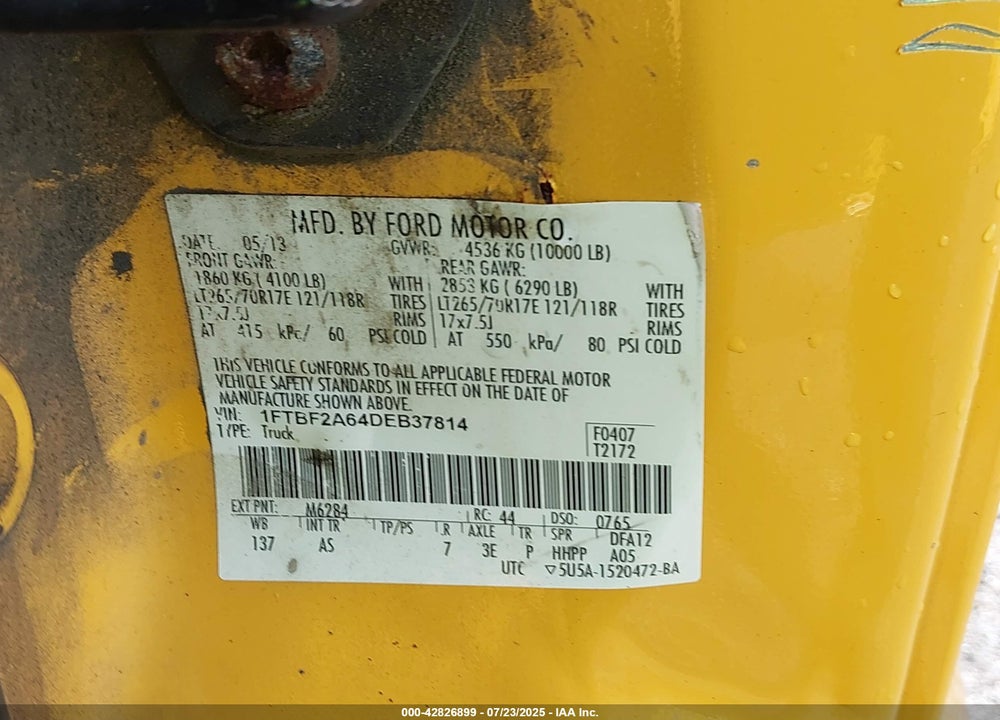 2013 FORD F-250 VIN: 1FTBF2A64DEB37814