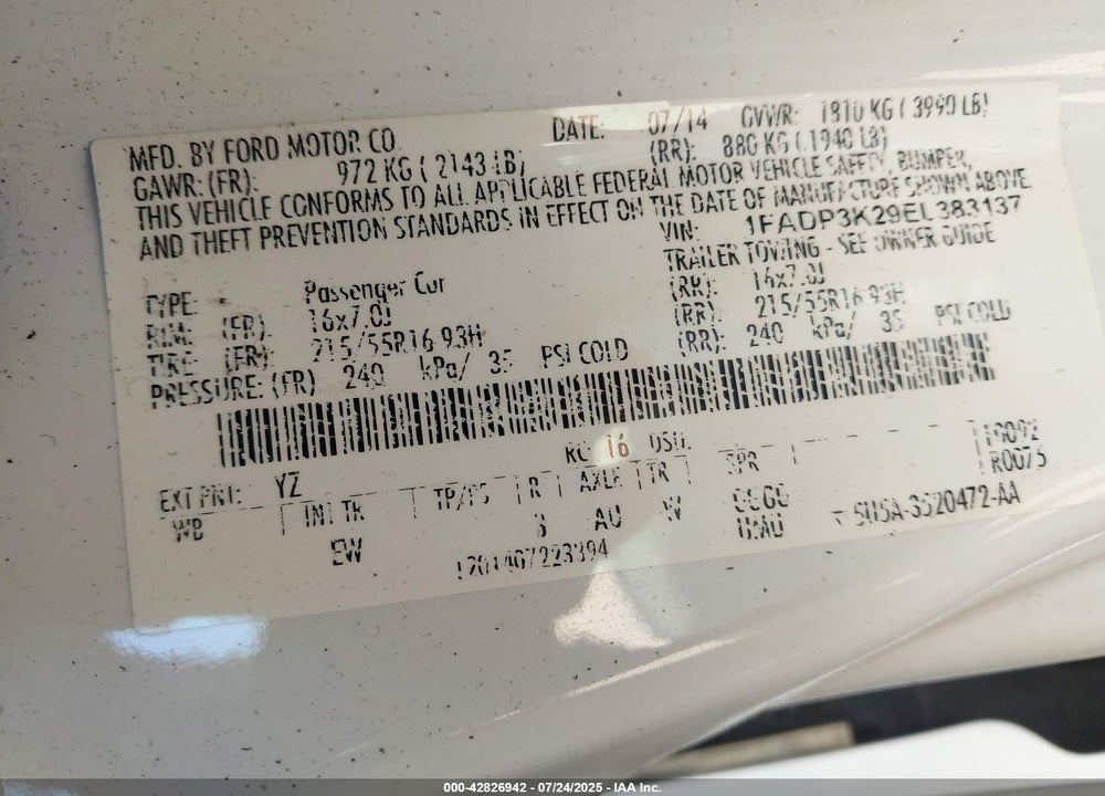 2014 FORD FOCUS VIN: 1FADP3K29EL383137