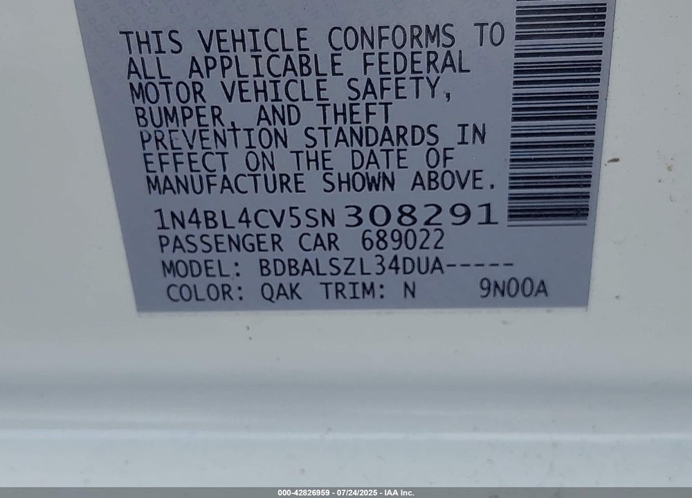 2025 NISSAN ALTIMA VIN: 1N4BL4CV5SN308291