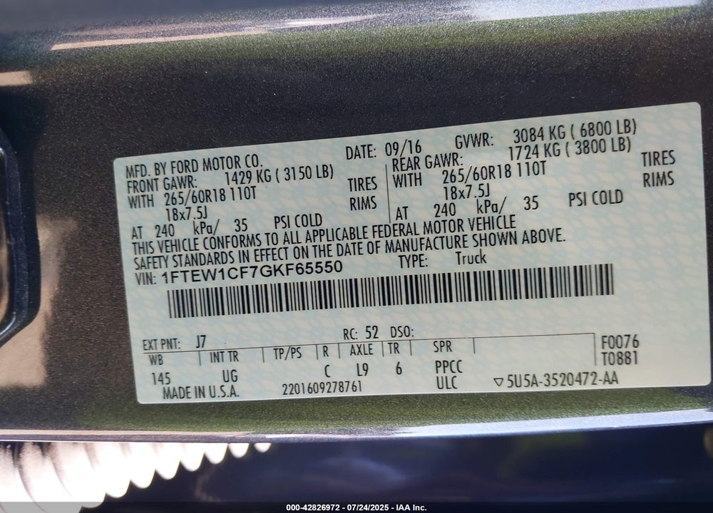 2016 FORD F-150 VIN: 1FTEW1CF7GKF65550