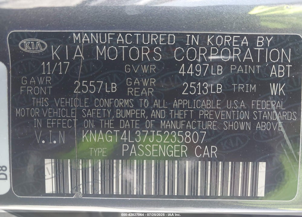 2018 KIA OPTIMA VIN: KNAGT4L37J5235807