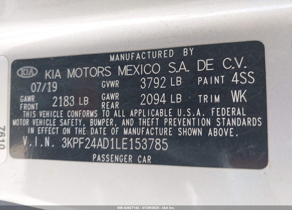 2020 KIA FORTE VIN: 3KPF24AD1LE153785