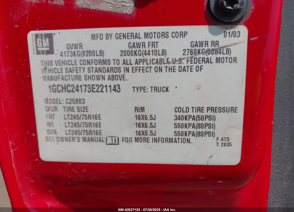 2003 CHEVROLET SILVERADO 2500HD VIN: 1GCHC24173E221143