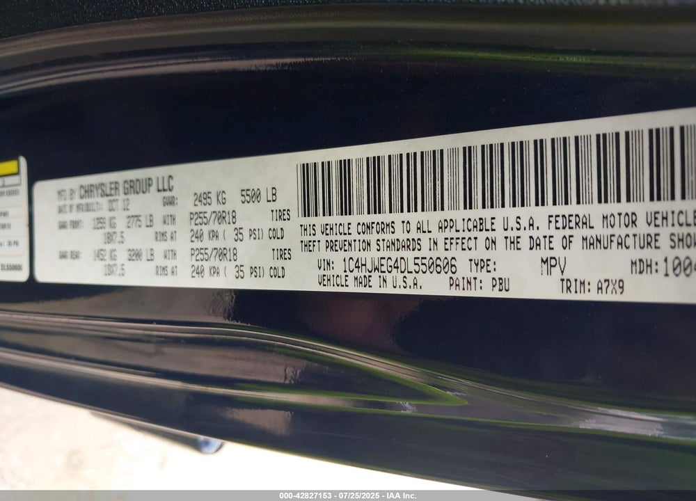 2013 JEEP WRANGLER UNLIMITED VIN: 1C4HJWEG4DL550606