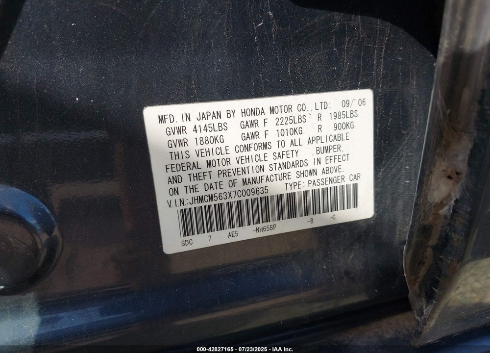 2007 HONDA ACCORD VIN: JHMCM563X7C009635