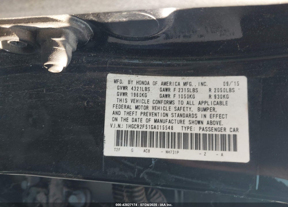 2016 HONDA ACCORD VIN: 1HGCR2F51GA015548