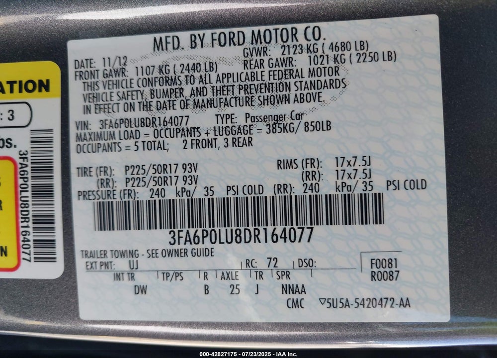 2013 FORD FUSION HYBRID VIN: 3FA6P0LU8DR164077
