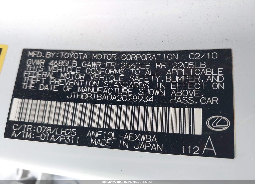 2010 LEXUS HS250H VIN: JTHBB1BA0A2028934